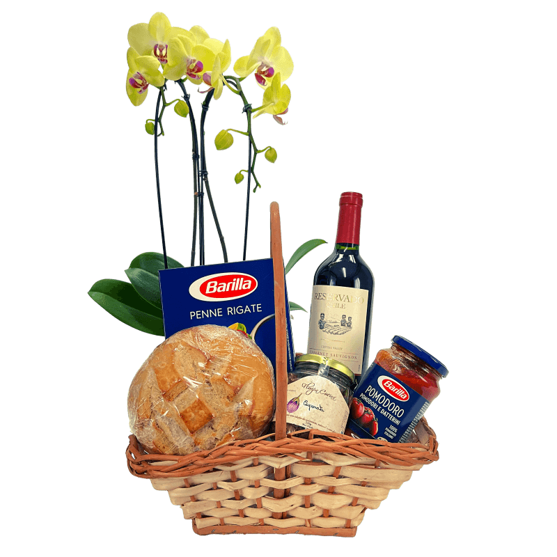Cesta de Massa, Vinho e Orquídea